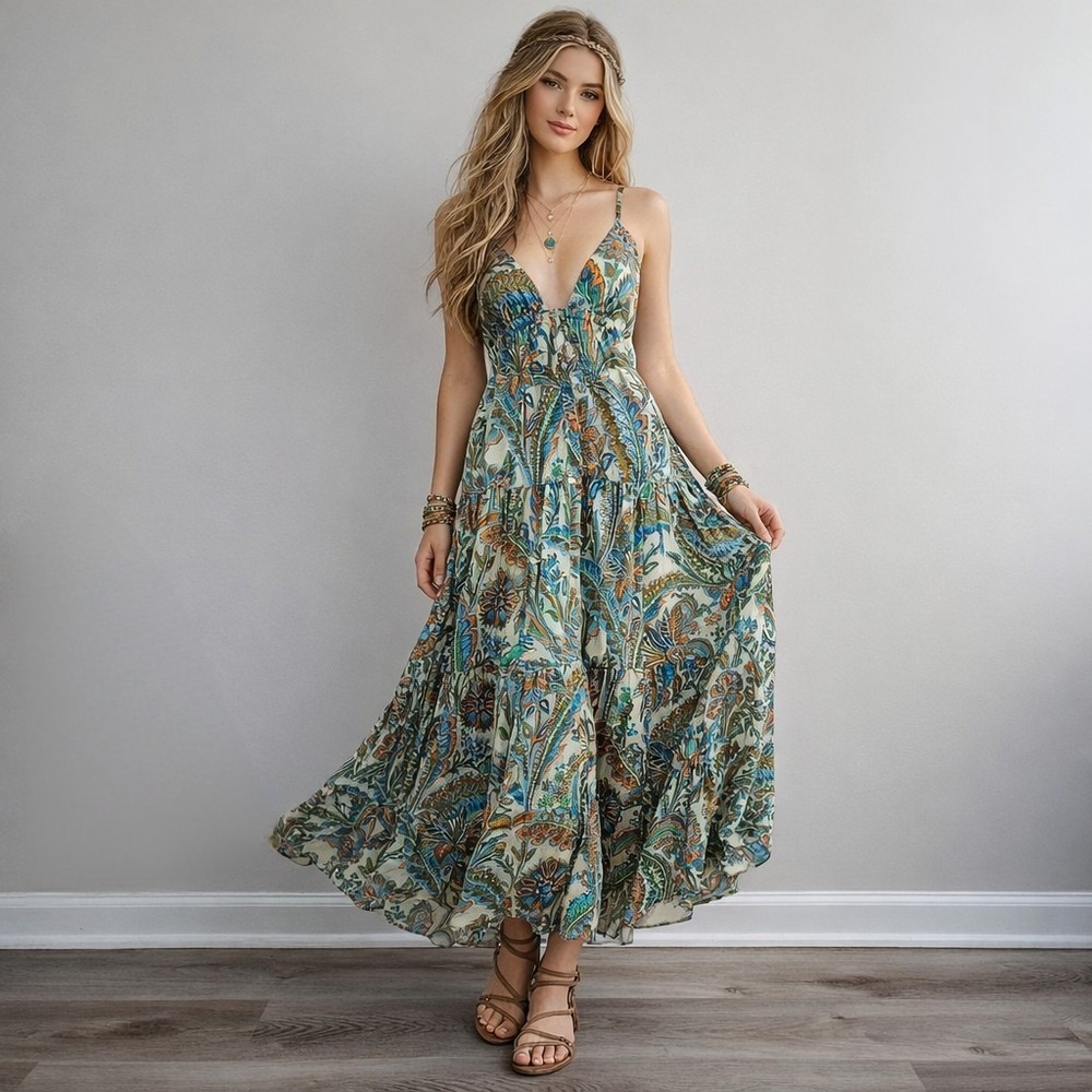 House of Harlow 1960 Teal Green Paisley Maxi Dress